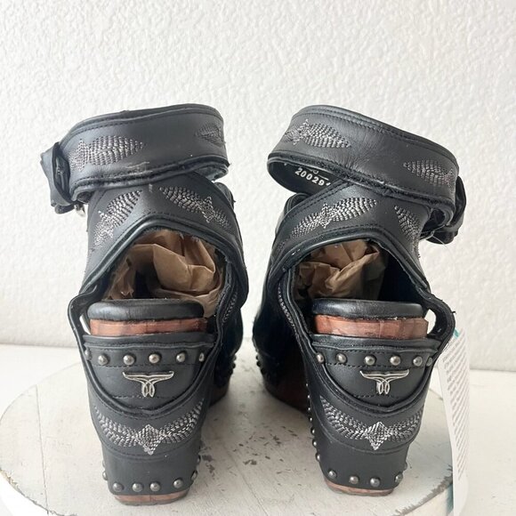 Lane Boots LEXINGTON Womens Black Wedges 9 Western Sandals Cowgirl Wooden Heel - Picture 3 of 11